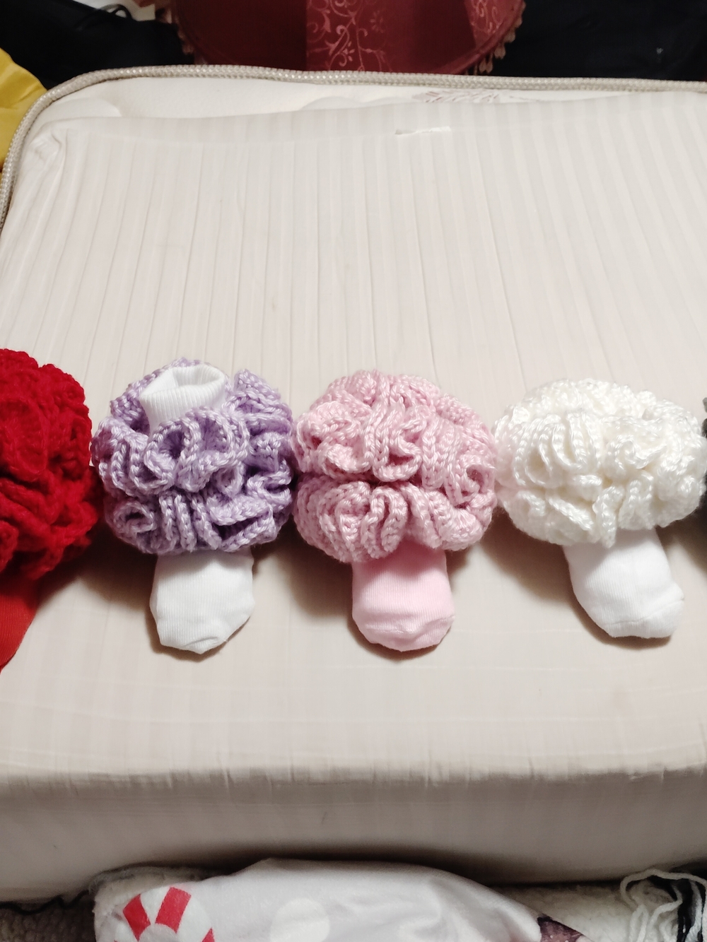 Handmade Ruffled Baby Sock Flowers in Pink, Lavender & White